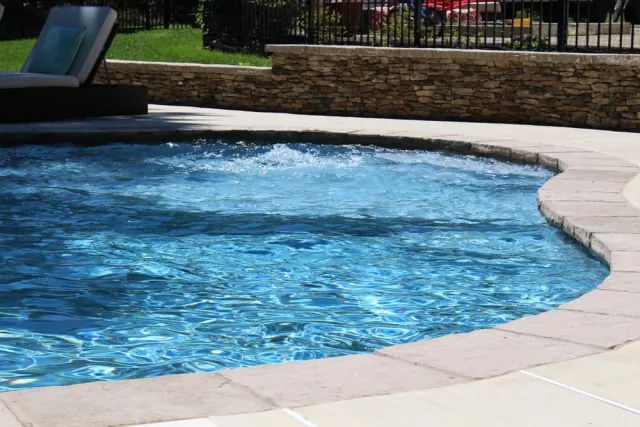 Freeform pool shallow area with loungers beside the raised edge