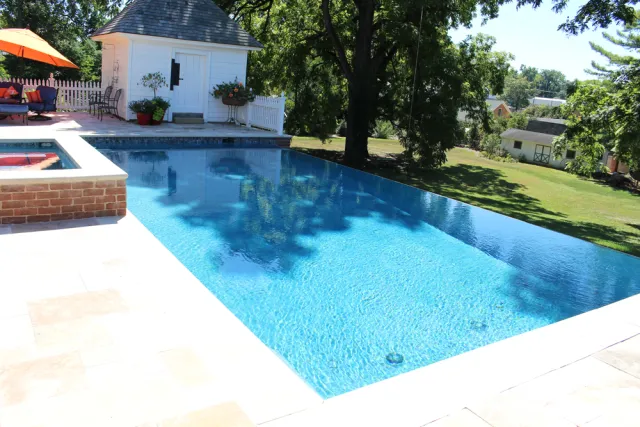 Federal Hill pool with an infinity edge facing the garden and a raised spa beside it